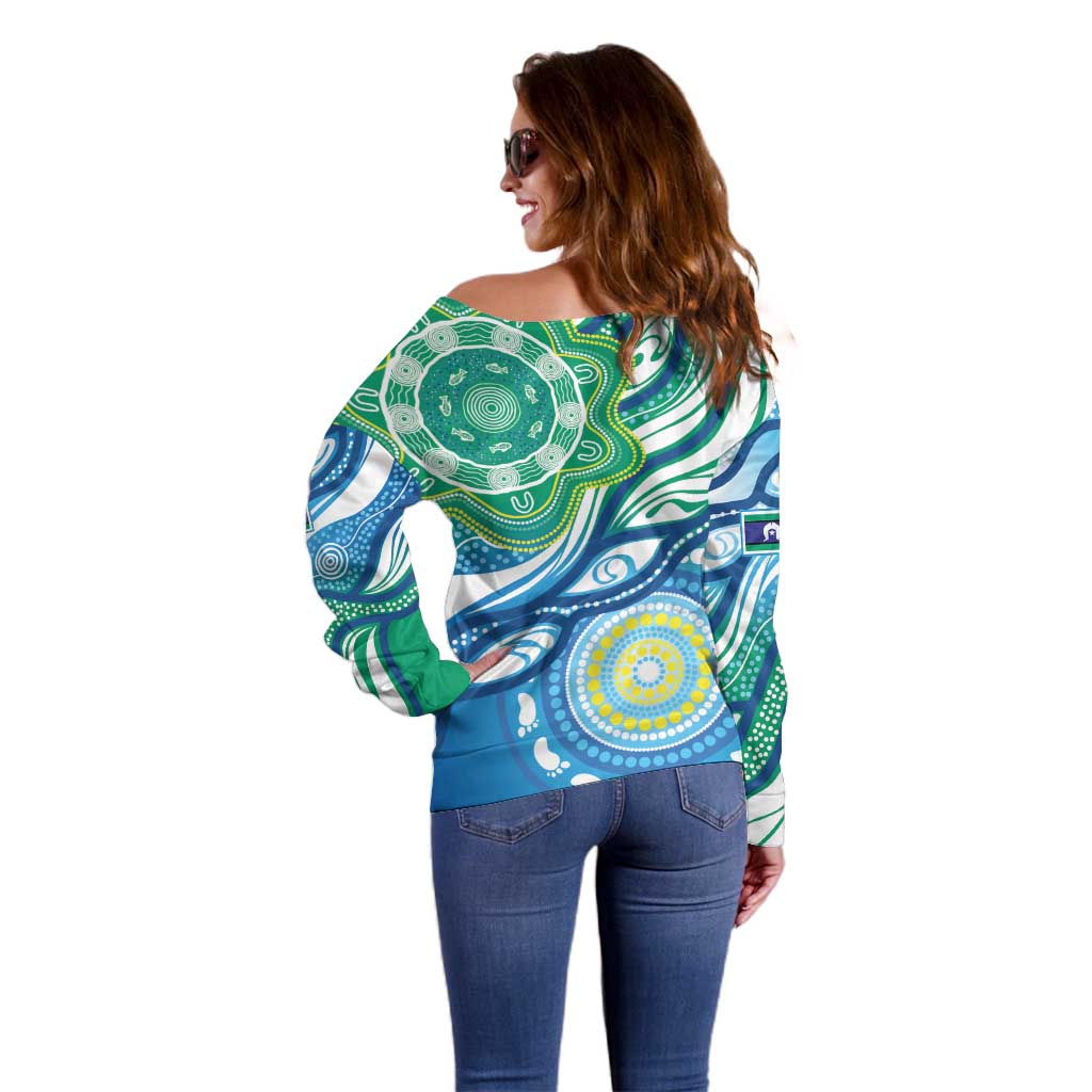 Torres Strait Islander Off Shoulder Sweater Aboriginal Blue Art