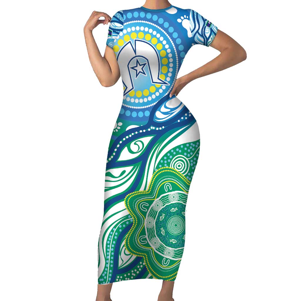 Torres Strait Islander Short Sleeve Bodycon Dress Aboriginal Blue Art