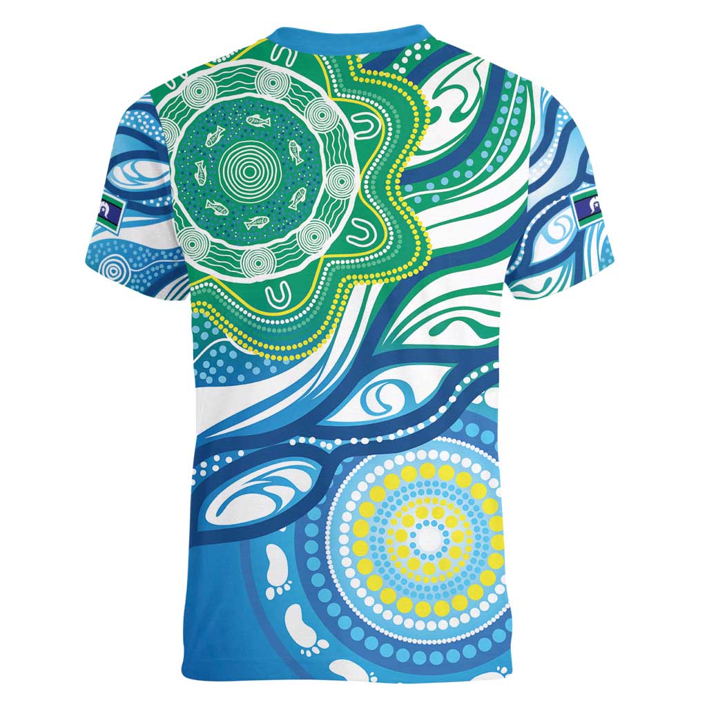 Torres Strait Islander Women V-Neck T-Shirt Aboriginal Blue Art