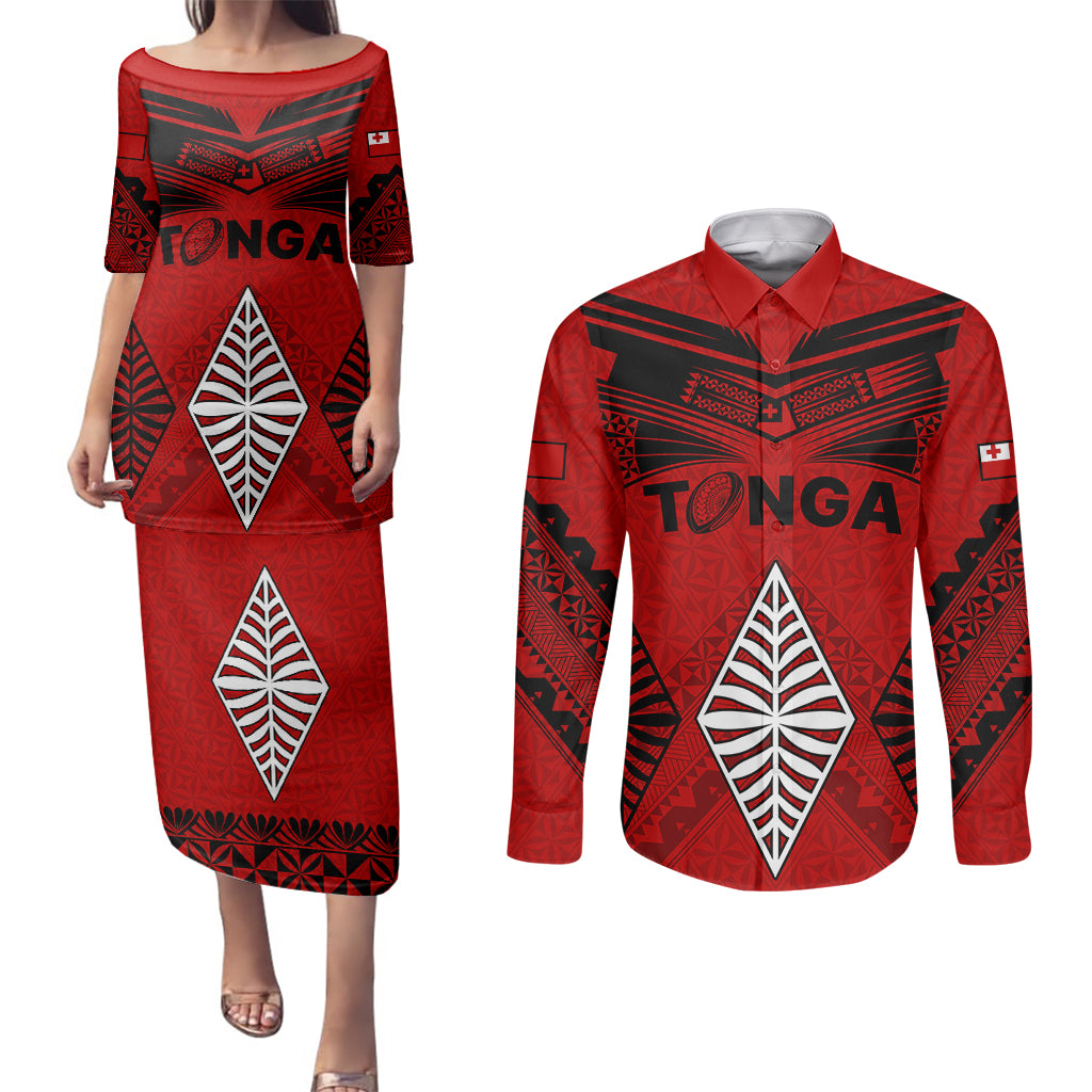 Tonga Rugby Couples Matching Puletasi Dress and Long Sleeve Button Shi ...