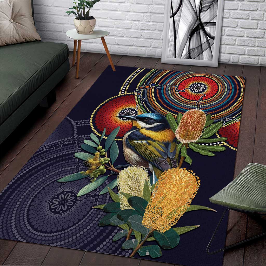 Aussie Honeyeaters Banksia Flowers Area Rug Aboriginal Dots Painting