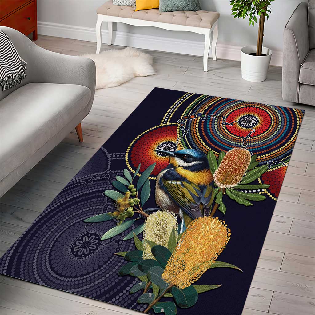 Aussie Honeyeaters Banksia Flowers Area Rug Aboriginal Dots Painting