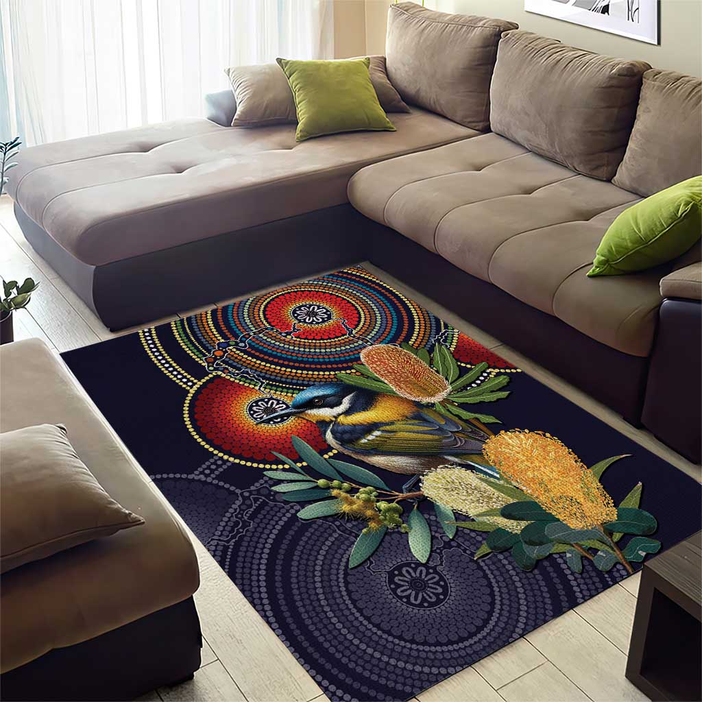 Aussie Honeyeaters Banksia Flowers Area Rug Aboriginal Dots Painting