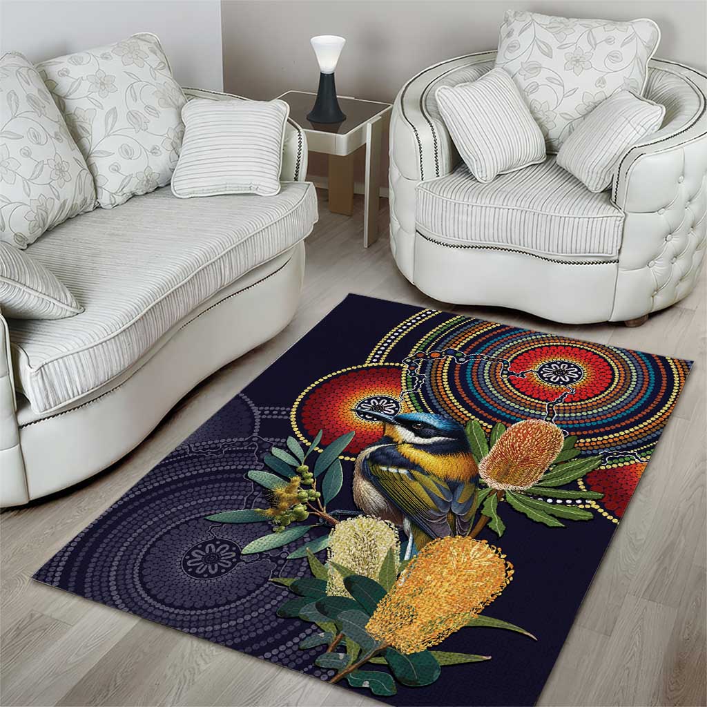 Aussie Honeyeaters Banksia Flowers Area Rug Aboriginal Dots Painting