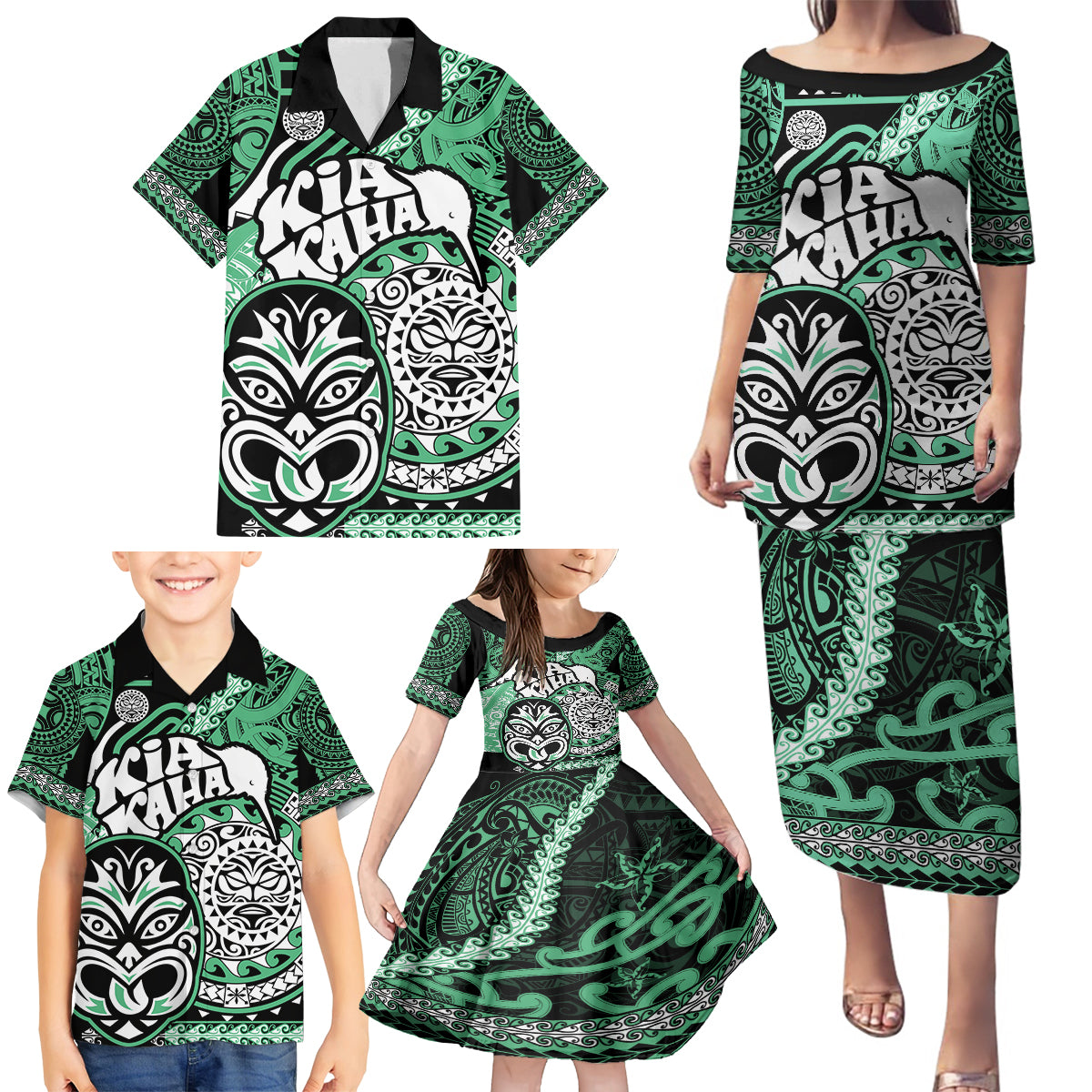 Te Reo Maori New Zealand Family Matching Puletasi Dress and Hawaiian Shirt Aotearoa Kia Haka Maori Tribal Tattoo Green Style LT9