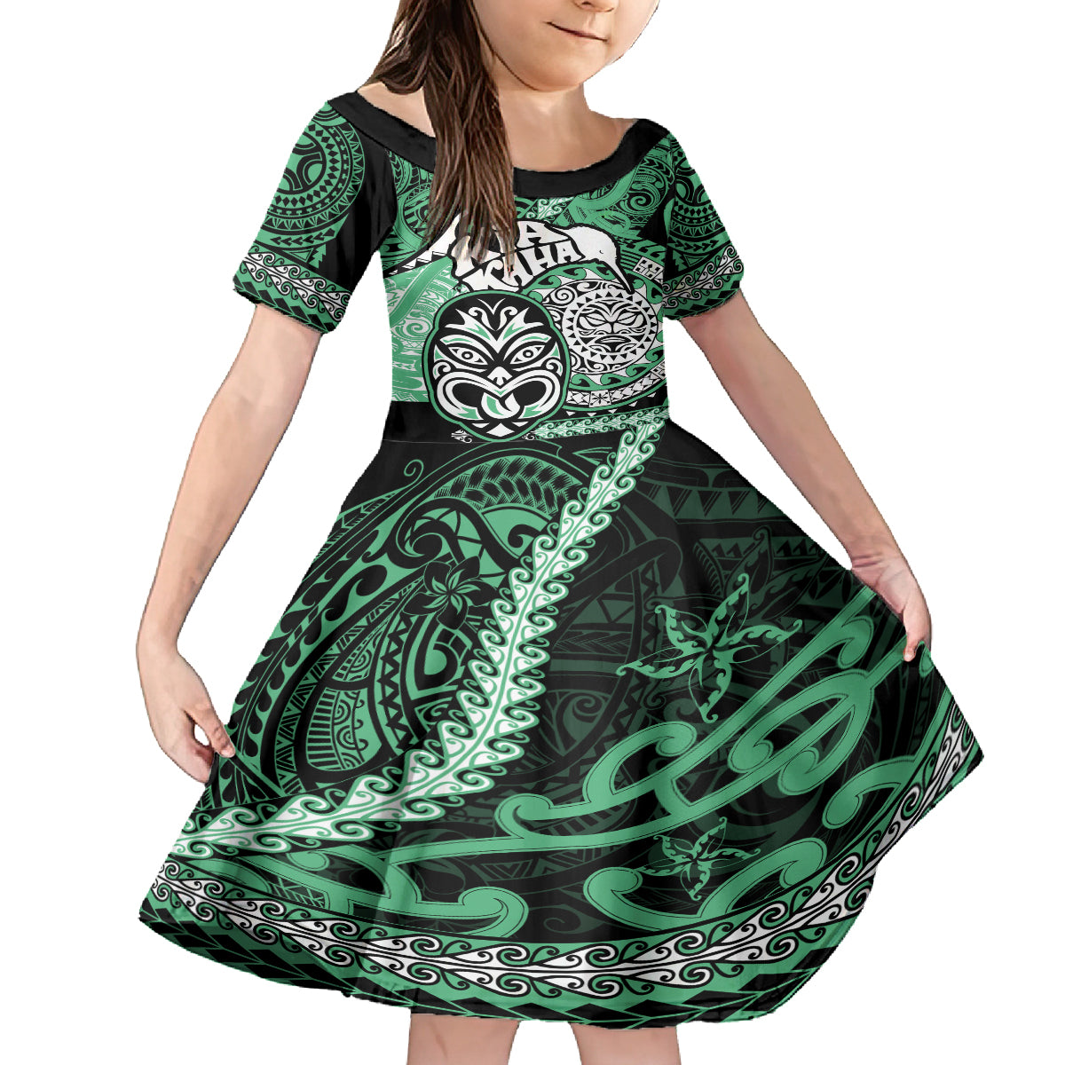 Te Reo Maori New Zealand Family Matching Puletasi Dress and Hawaiian Shirt Aotearoa Kia Haka Maori Tribal Tattoo Green Style LT9