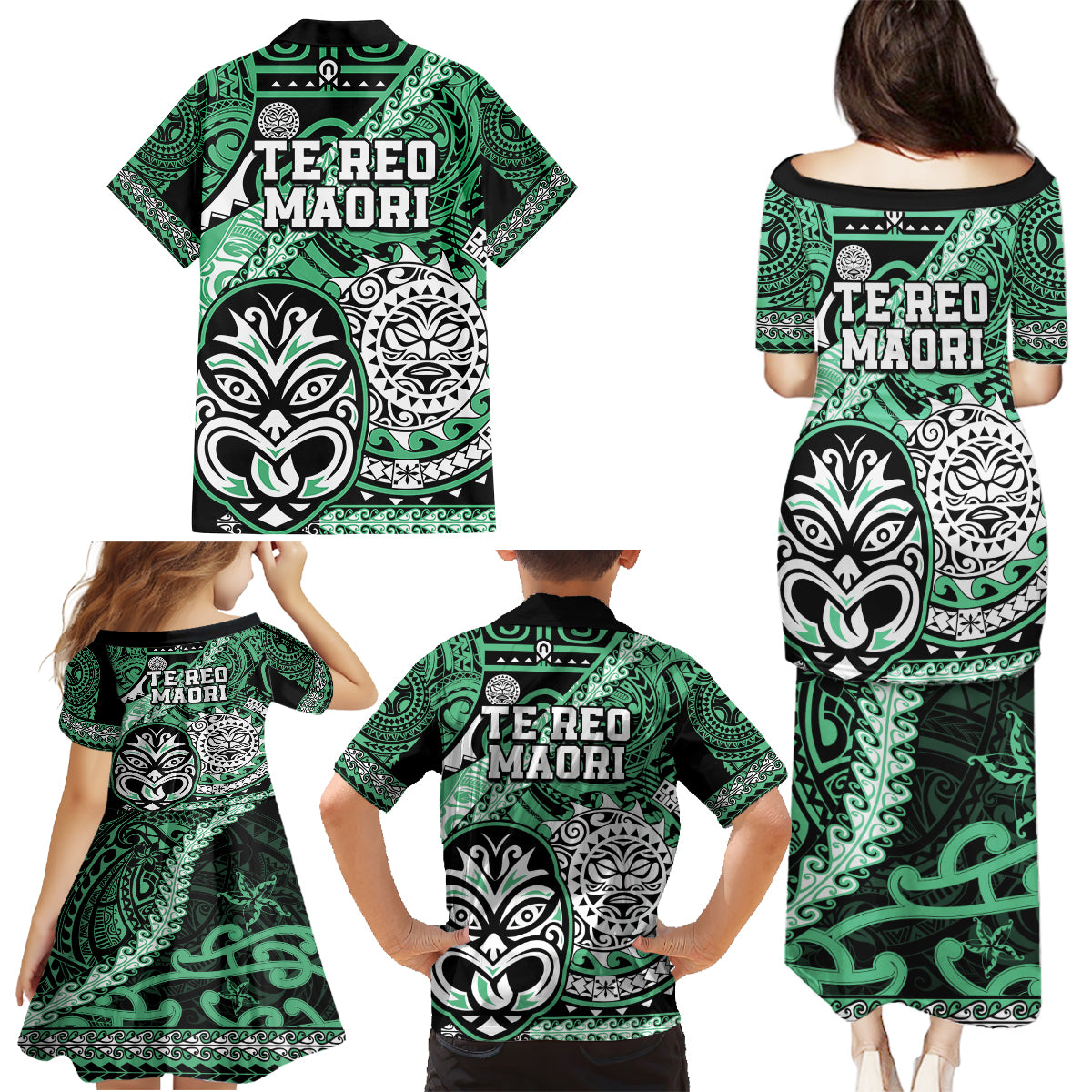 Te Reo Maori New Zealand Family Matching Puletasi Dress and Hawaiian Shirt Aotearoa Kia Haka Maori Tribal Tattoo Green Style LT9