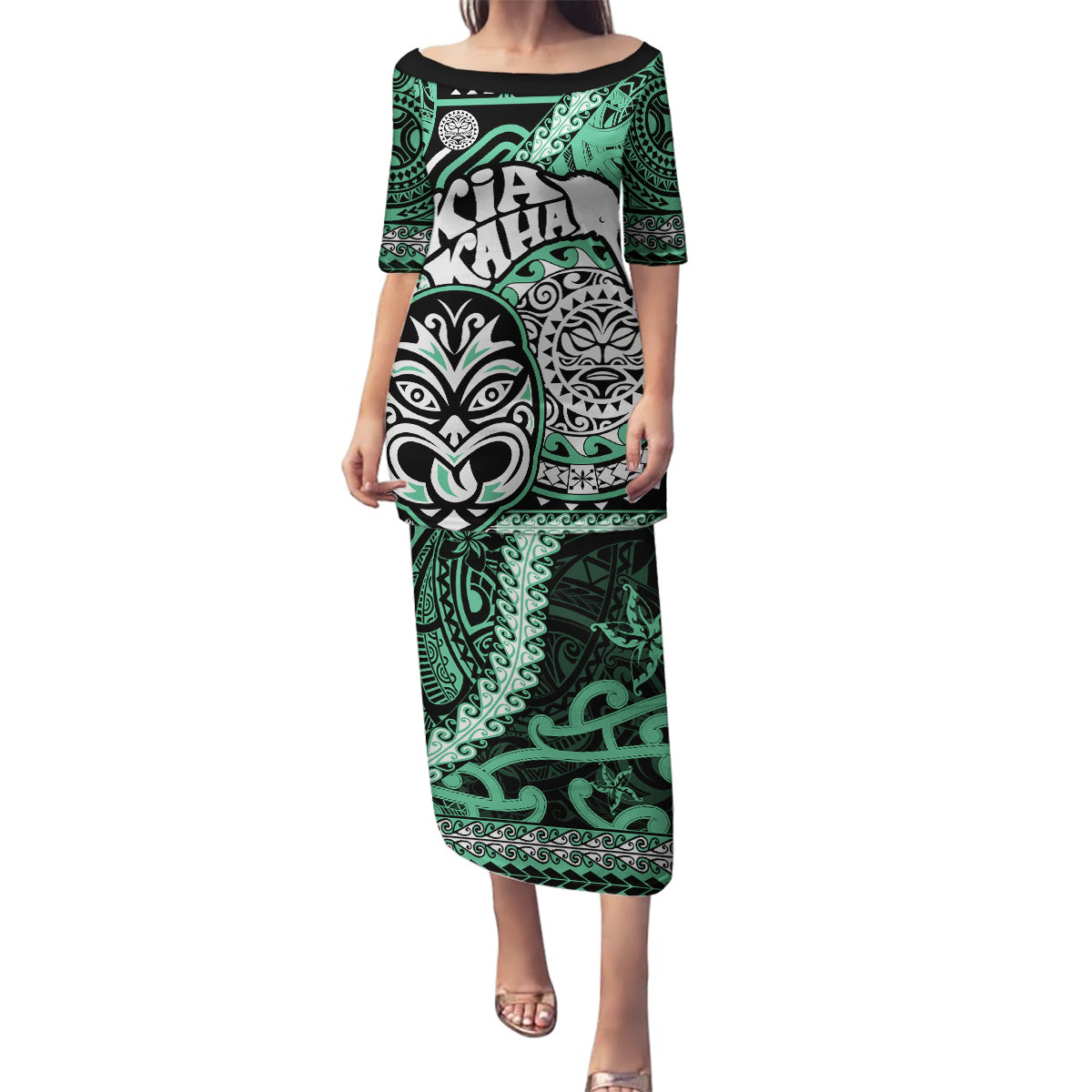 Te Reo Maori New Zealand Family Matching Puletasi Dress and Hawaiian Shirt Aotearoa Kia Haka Maori Tribal Tattoo Green Style LT9