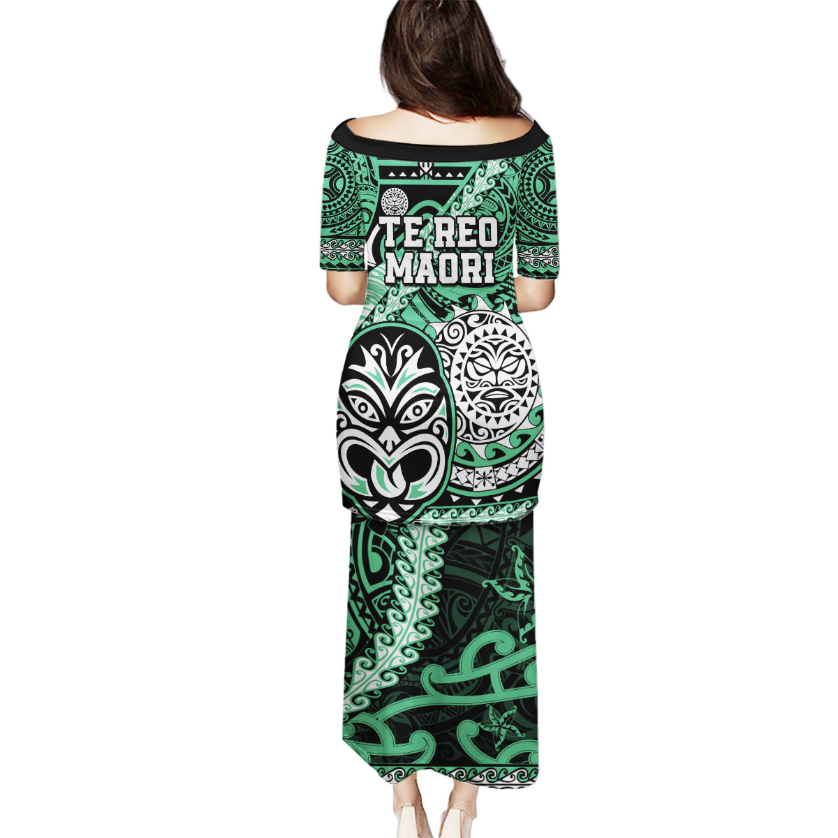 Te Reo Maori New Zealand Family Matching Puletasi Dress and Hawaiian Shirt Aotearoa Kia Haka Maori Tribal Tattoo Green Style LT9