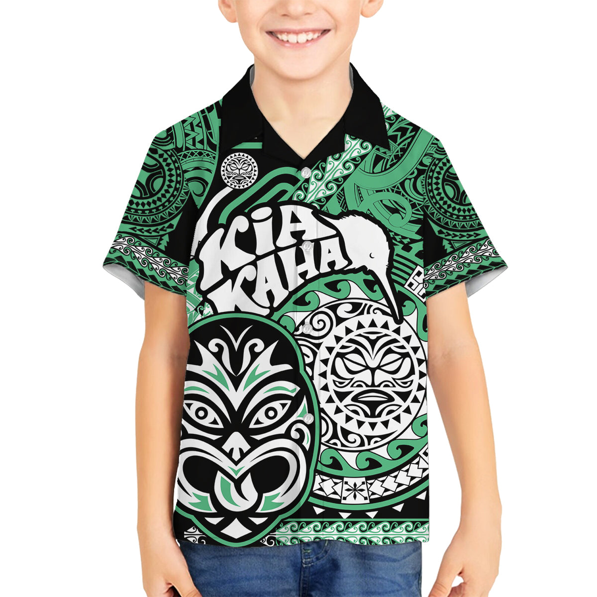 Te Reo Maori New Zealand Family Matching Puletasi Dress and Hawaiian Shirt Aotearoa Kia Haka Maori Tribal Tattoo Green Style LT9