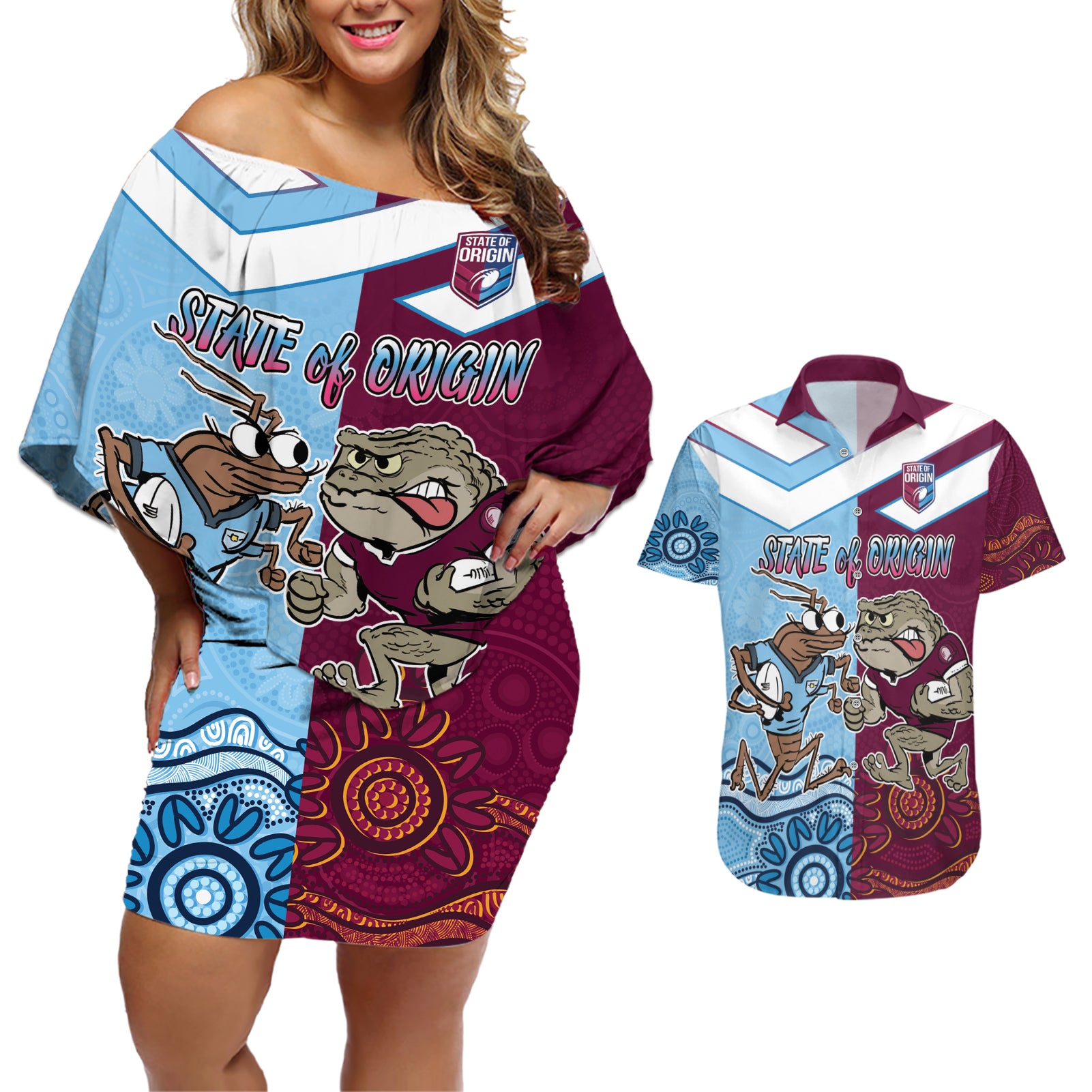 Custom QLD Cane Toad and NSW Cockroach Couples Matching Off Shoulder Short Dress and Hawaiian Shirt Aboriginal Inspired Together