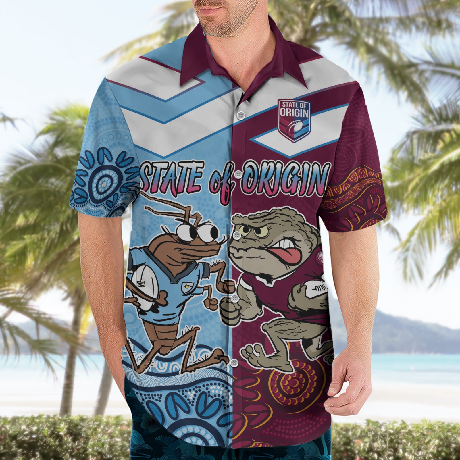 Custom QLD Cane Toad and NSW Cockroach Hawaiian Shirt Aboriginal Inspired Together