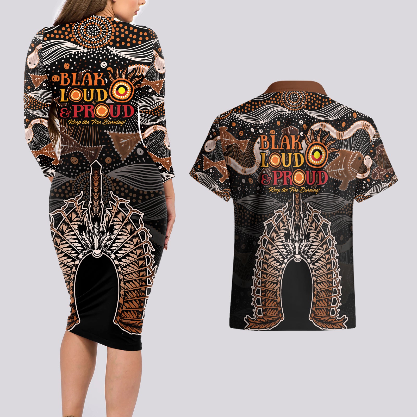 Torres Strait Islander NAIDOC 2024 Couples Matching Long Sleeve Bodycon Dress and Hawaiian Shirt Dhari Headdress Indigenous Cultural Spirit