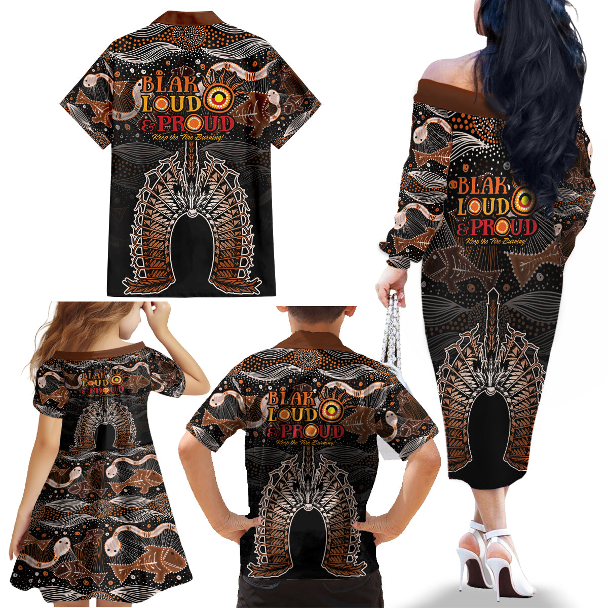 Torres Strait Islander NAIDOC 2024 Family Matching Off Shoulder Long Sleeve Dress and Hawaiian Shirt Dhari Headdress Indigenous Cultural Spirit