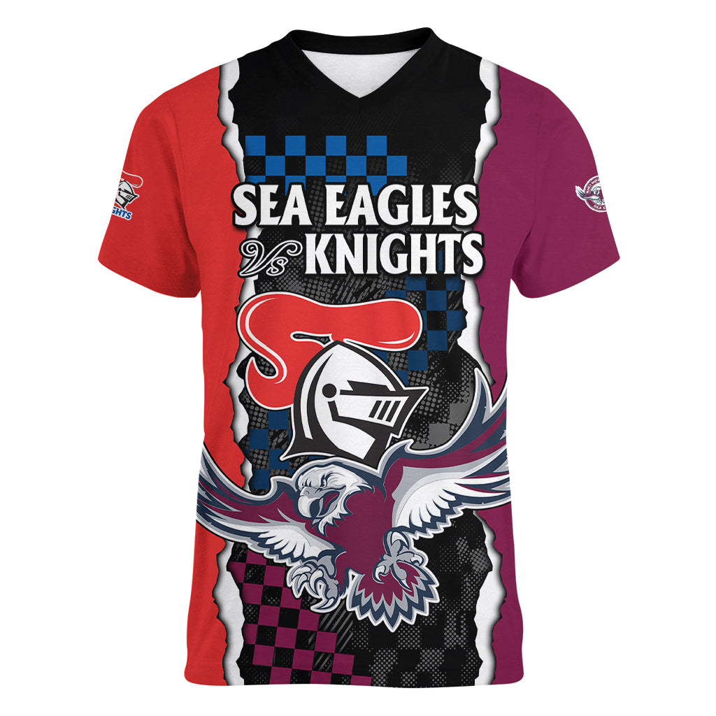 custom-text-and-number-nrl-combine-knights-sea-eagles-women-v-neck-t-shirt-sporty-style