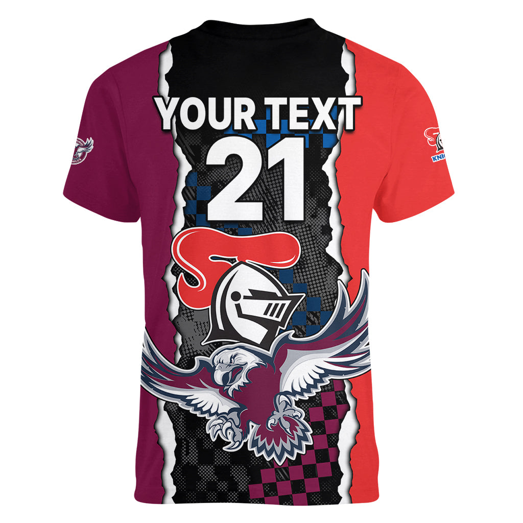 custom-text-and-number-nrl-combine-knights-sea-eagles-women-v-neck-t-shirt-sporty-style