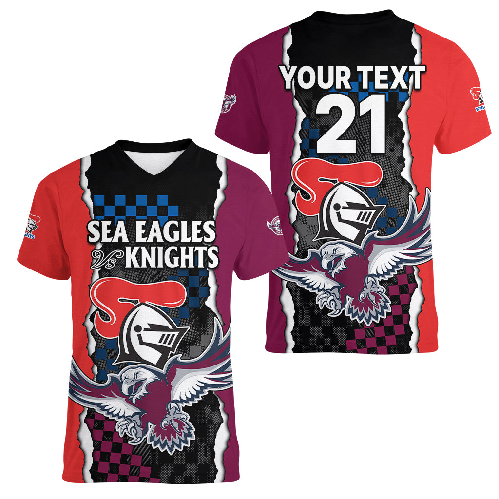 custom-text-and-number-nrl-combine-knights-sea-eagles-women-v-neck-t-shirt-sporty-style