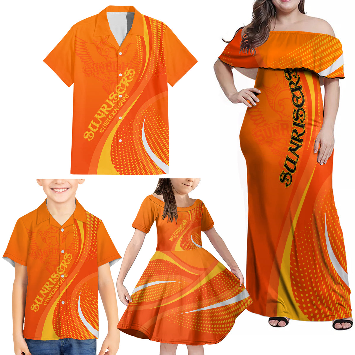 sunrisers-eastern-cape-custom-family-matching-off-shoulder-maxi-dress-and-hawaiian-shirt-south-african-cricket-2024-sporty