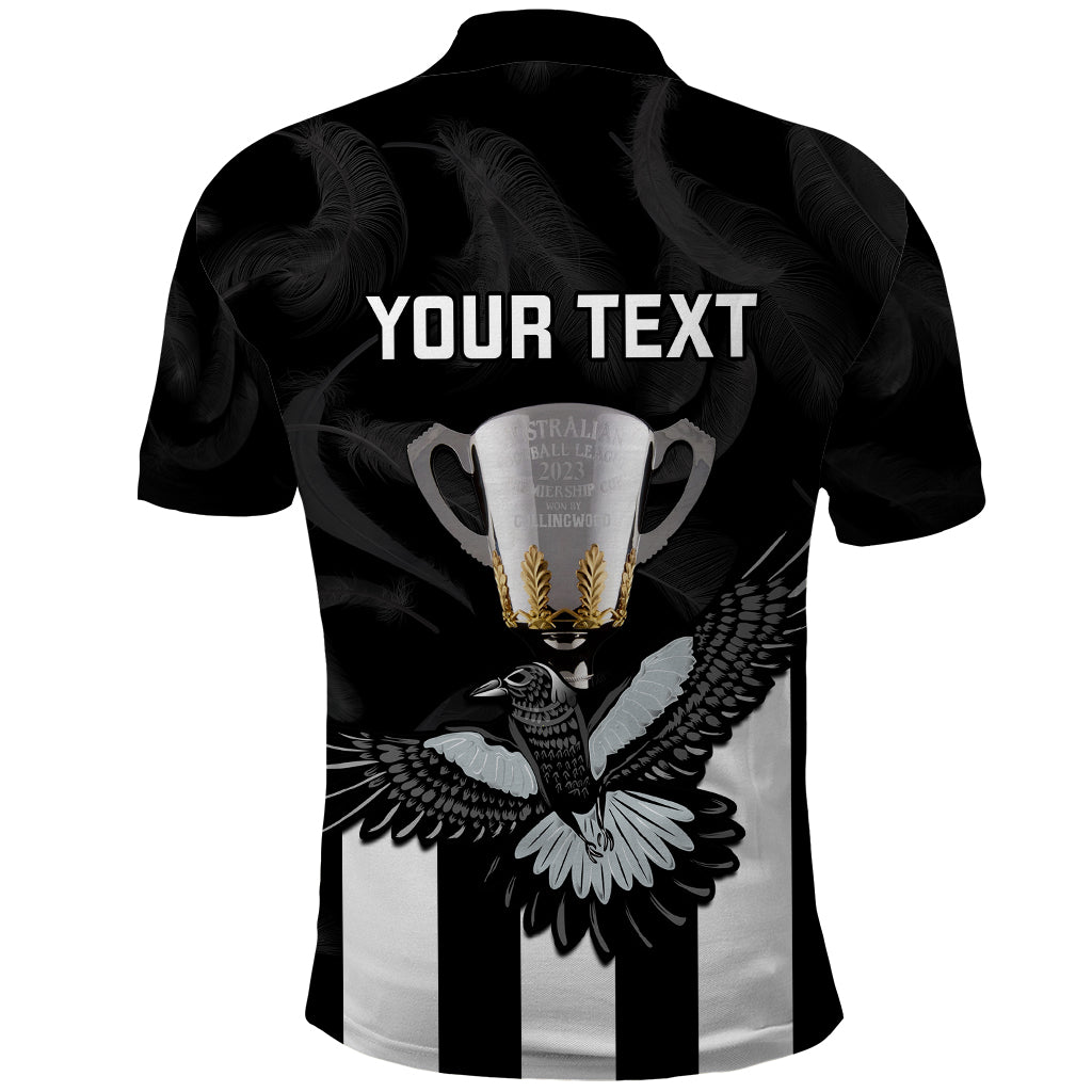 personalised-afl-collingwood-polo-shirt-magpies-premiers-2023-with-trophy-proud