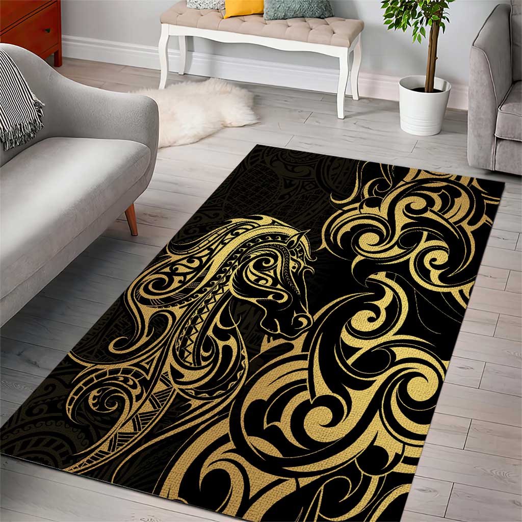 Gold And Black Aoteara Horse Racing Area Rug NZ Maori Pattern