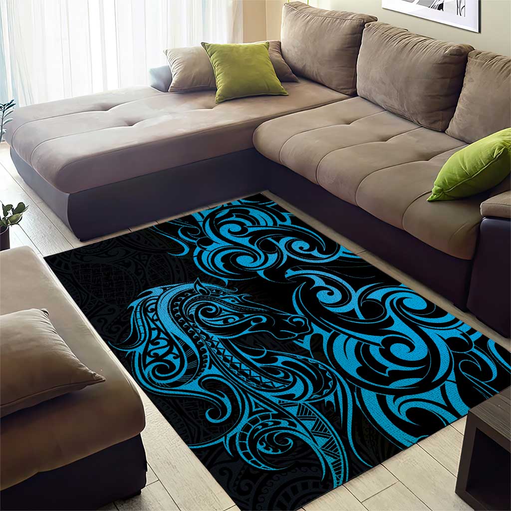 Blue Aoteara Horse Racing Area Rug NZ Maori Pattern