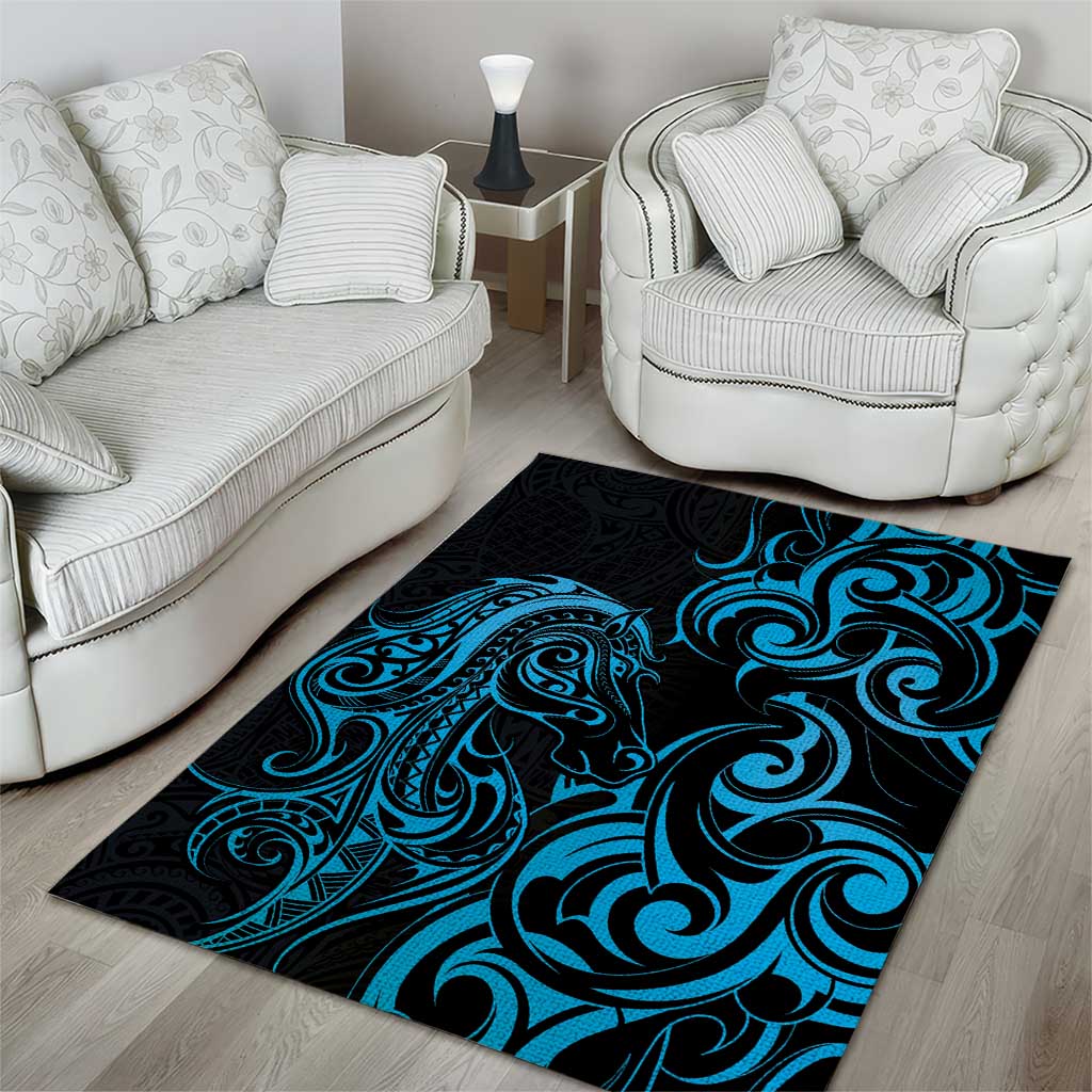 Blue Aoteara Horse Racing Area Rug NZ Maori Pattern