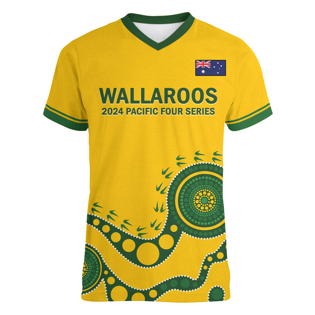 Custom Australia Rugby Women V Neck T Shirt Go Wallaroos 2024 Pacific Aboriginal Art