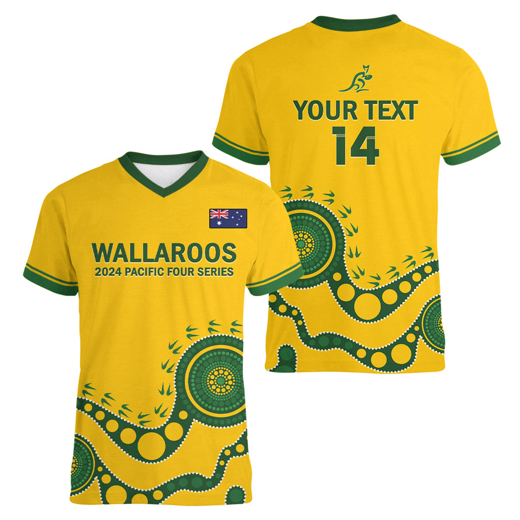 Custom Australia Rugby Women V Neck T Shirt Go Wallaroos 2024 Pacific Aboriginal Art