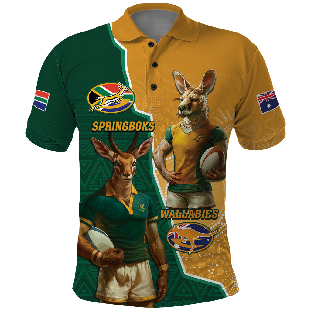 Personalised South Africa And Australia Rugby Polo Shirt 2024 Springboks Wallabies Mascots Together