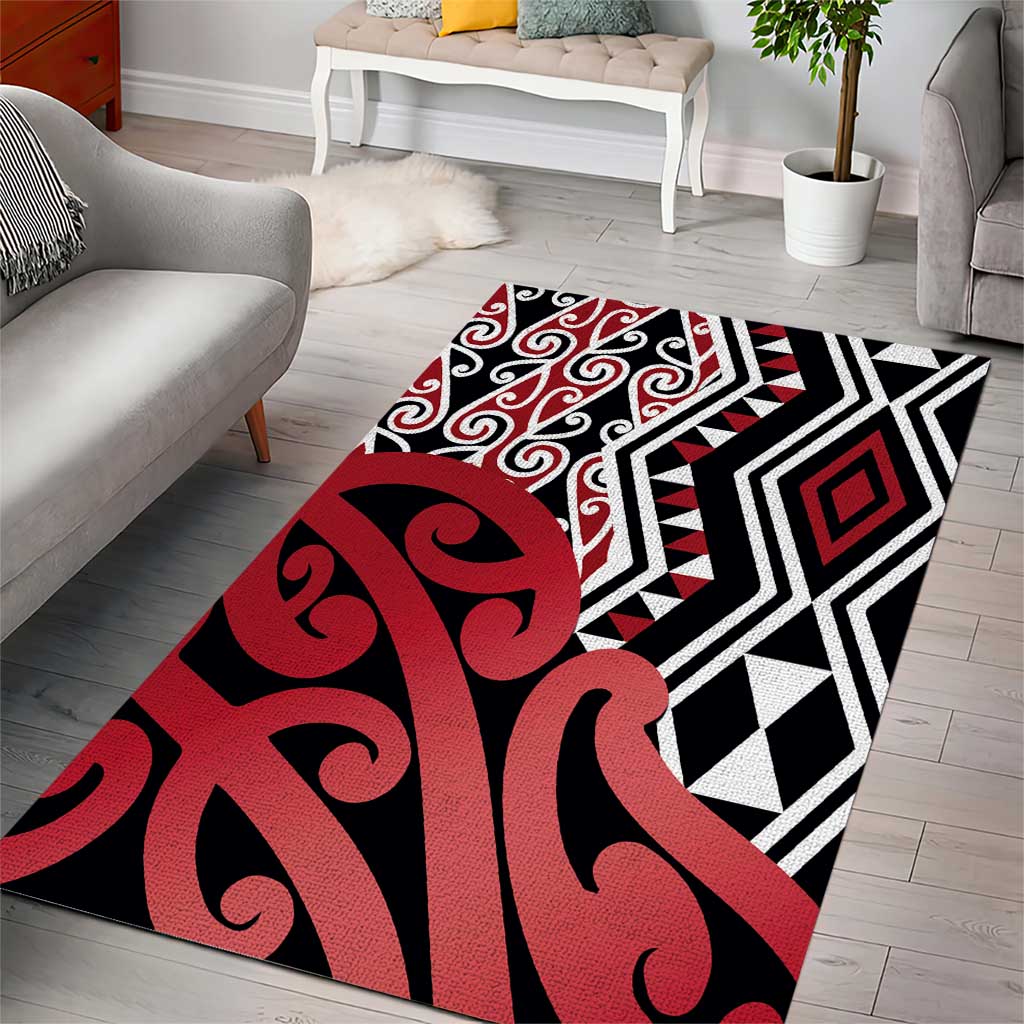 New Zealand Area Rug Aotearoa Kowhaiwhai Mix Taniko Art - Red