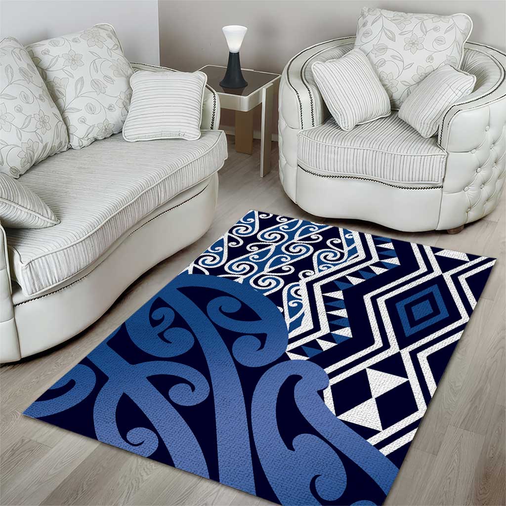 New Zealand Area Rug Aotearoa Kowhaiwhai Mix Taniko Art - Blue