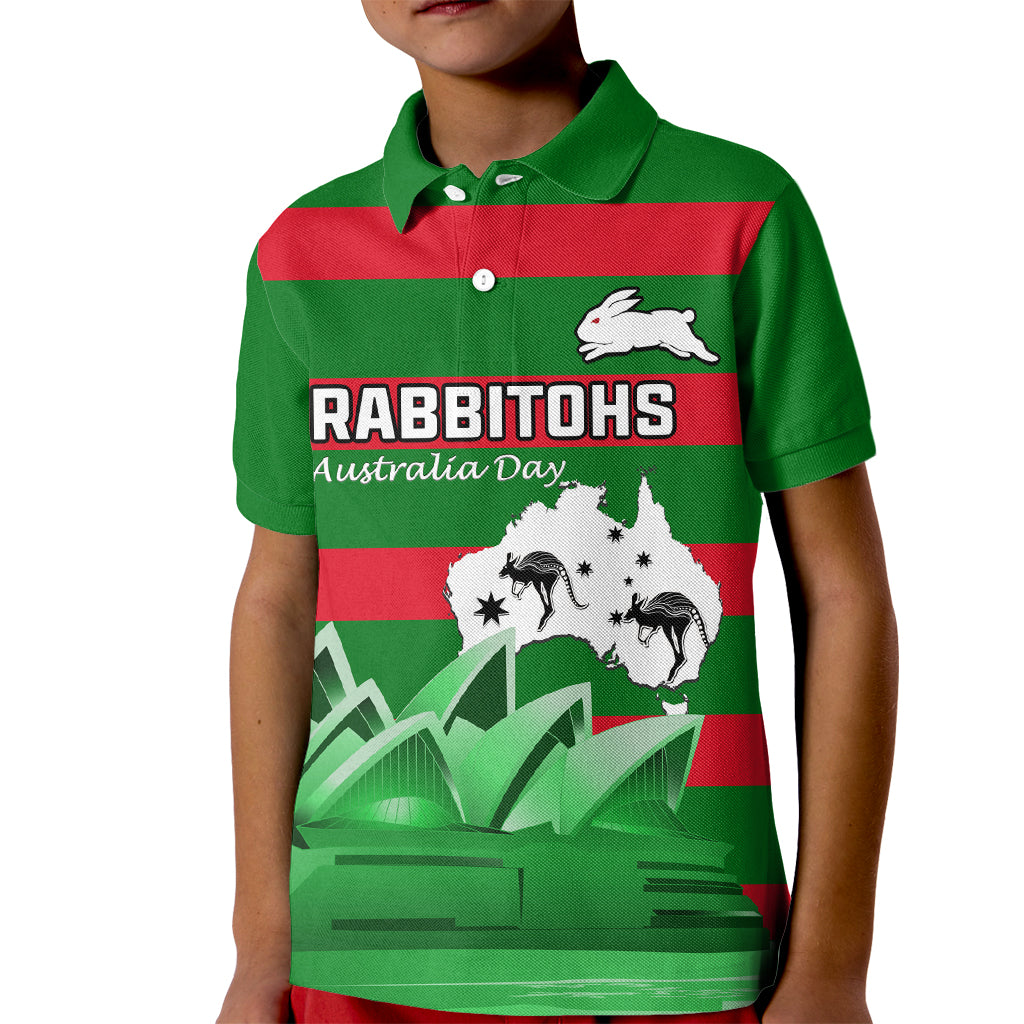 Custom Australia Day Rabbitohs Kid Polo Shirt NRL 2024 Sydney Opera House With Map