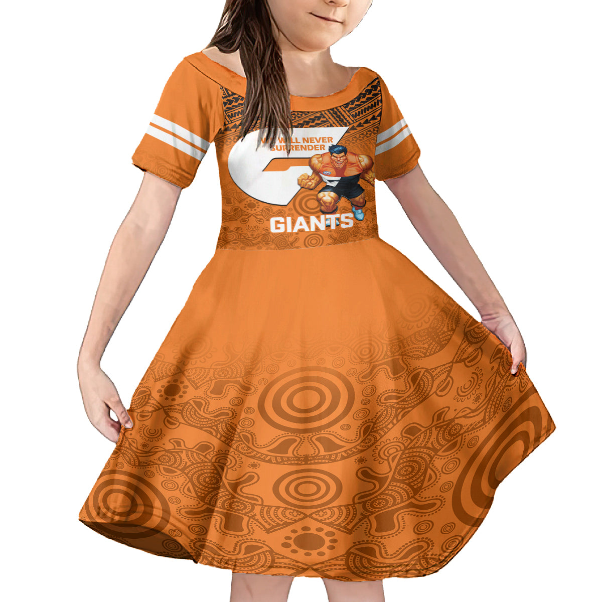 personalised-giants-football-kid-short-sleeve-dress-gws-go-champions-2023-polynesian-indigenous-art