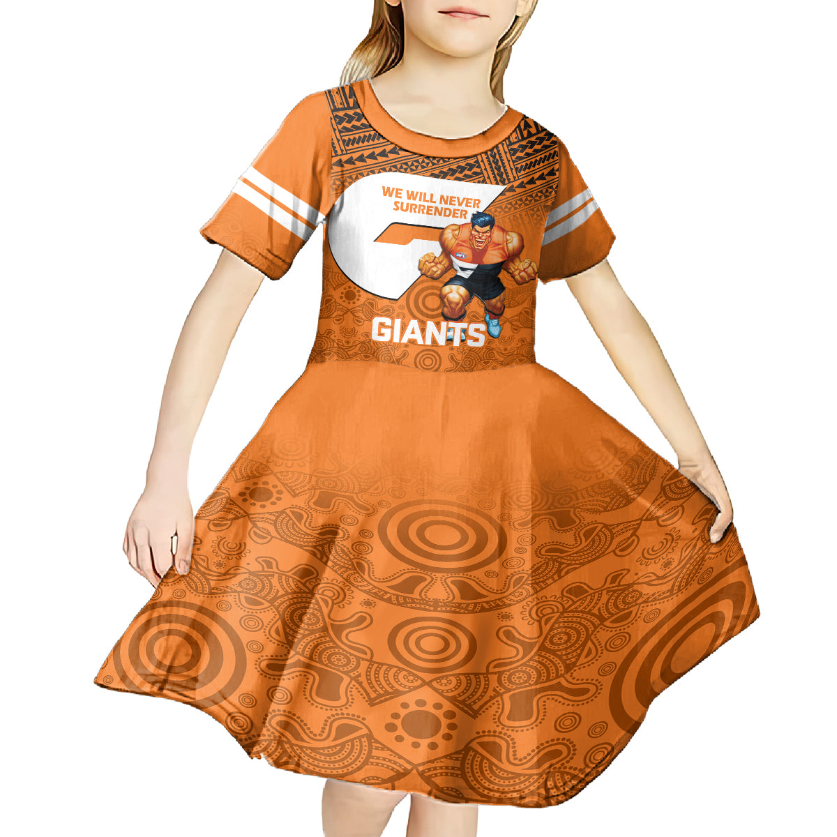 personalised-giants-football-kid-short-sleeve-dress-gws-go-champions-2023-polynesian-indigenous-art