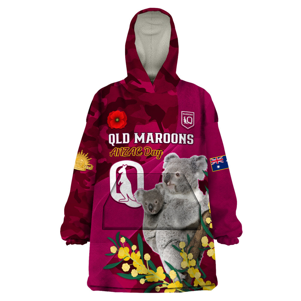 Custom QLD Maroons ANZAC Day Wearable Blanket Hoodie Australian Koala Mix Camouflage