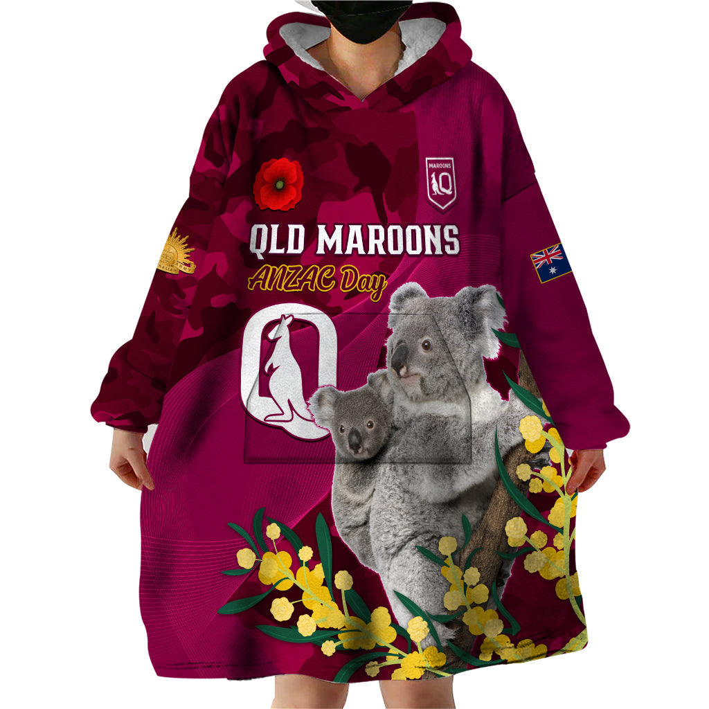 Custom QLD Maroons ANZAC Day Wearable Blanket Hoodie Australian Koala Mix Camouflage