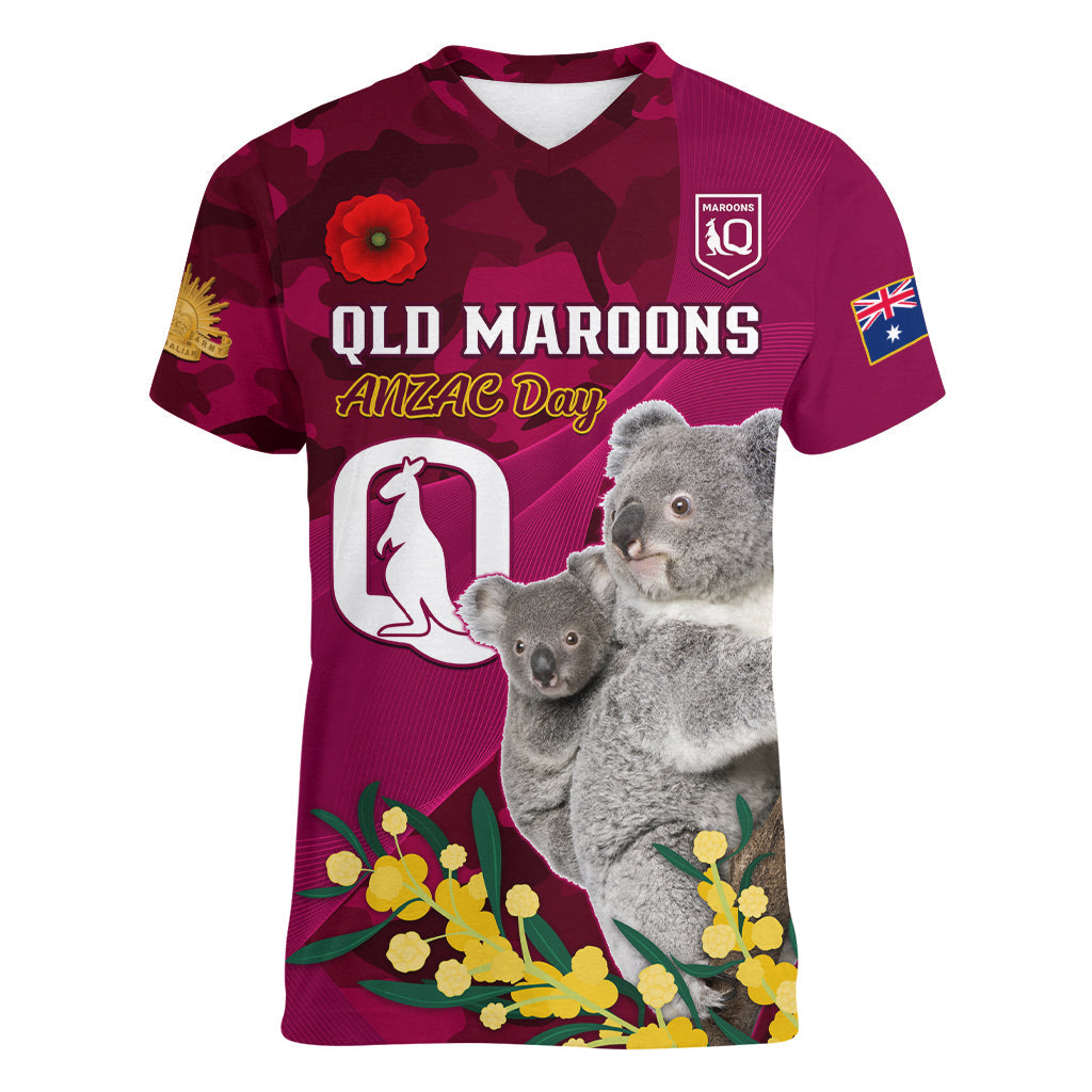 Custom QLD Maroons ANZAC Day Women V Neck T Shirt Australian Koala Mix Camouflage