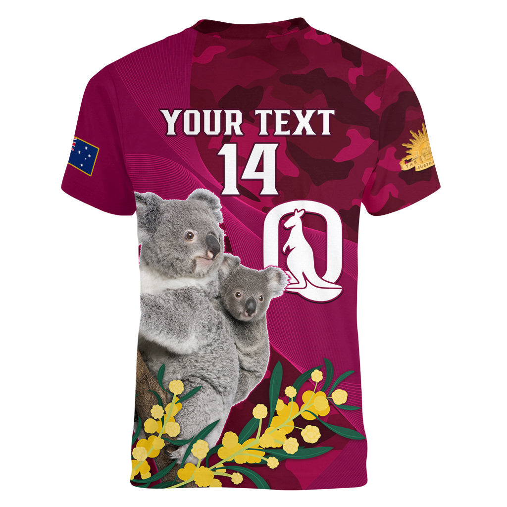 Custom QLD Maroons ANZAC Day Women V Neck T Shirt Australian Koala Mix Camouflage