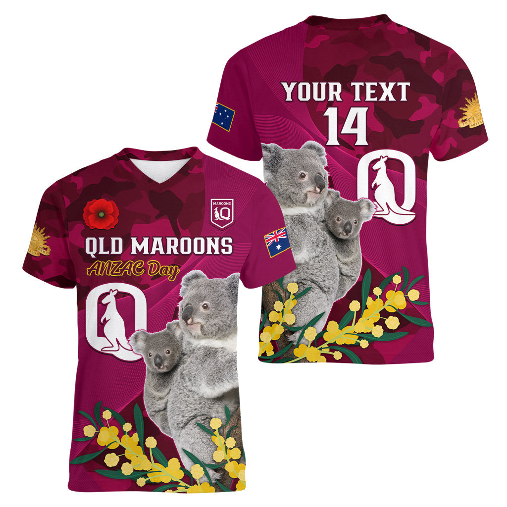 Custom QLD Maroons ANZAC Day Women V Neck T Shirt Australian Koala Mix Camouflage