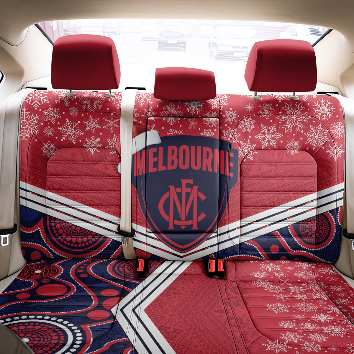 Custom Melbourne Football Christmas Back Car Seat Cover Merry Xmas 2023 Mix Aboriginal Art