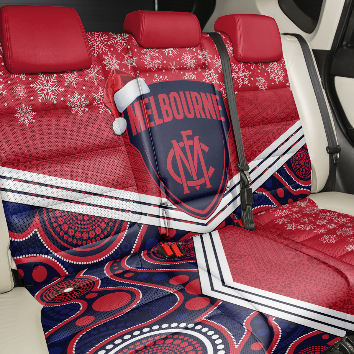 Custom Melbourne Football Christmas Back Car Seat Cover Merry Xmas 2023 Mix Aboriginal Art