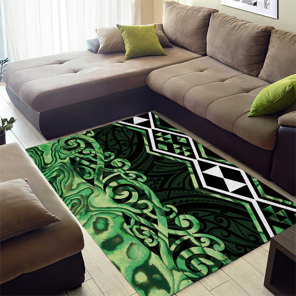 Green Aotearoa Area Rug Taniko Motifs With Paua Shell Kowhaiwhai