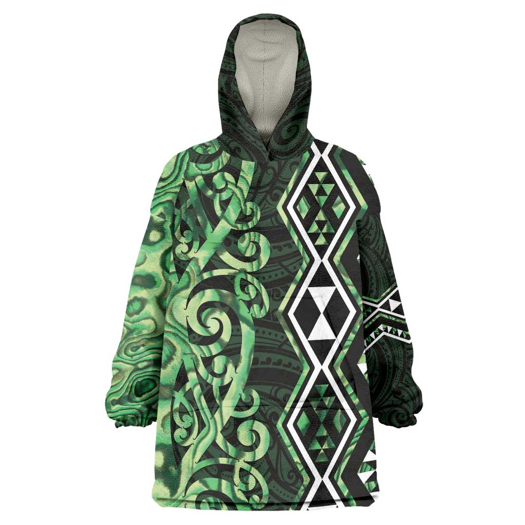 Green Aotearoa Wearable Blanket Hoodie Taniko Motifs With Paua Shell Kowhaiwhai