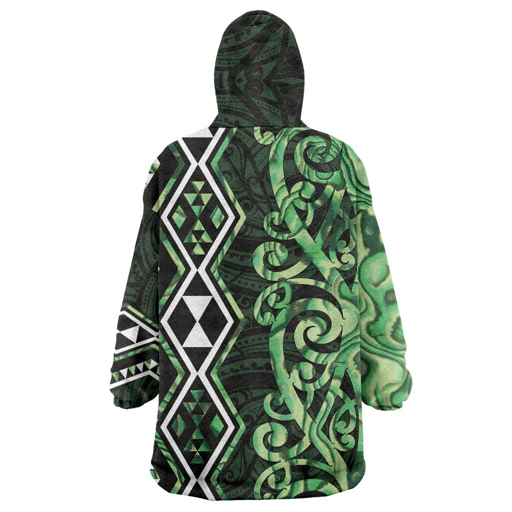 Green Aotearoa Wearable Blanket Hoodie Taniko Motifs With Paua Shell Kowhaiwhai