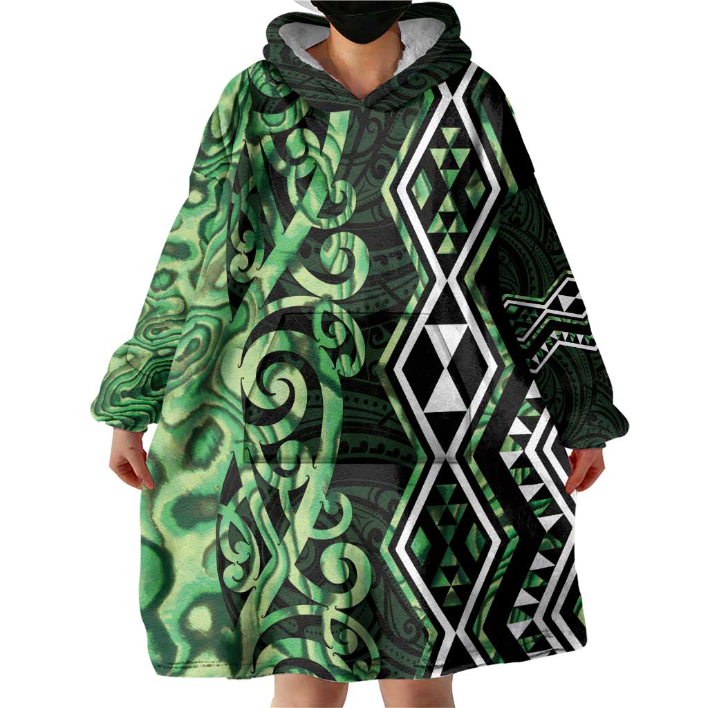 Green Aotearoa Wearable Blanket Hoodie Taniko Motifs With Paua Shell Kowhaiwhai