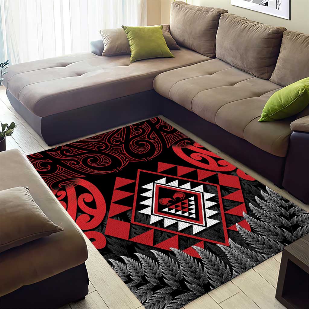 Aotearoa Kiwi Taniko Area Rug Silver Fern With Maori Koru Pattern