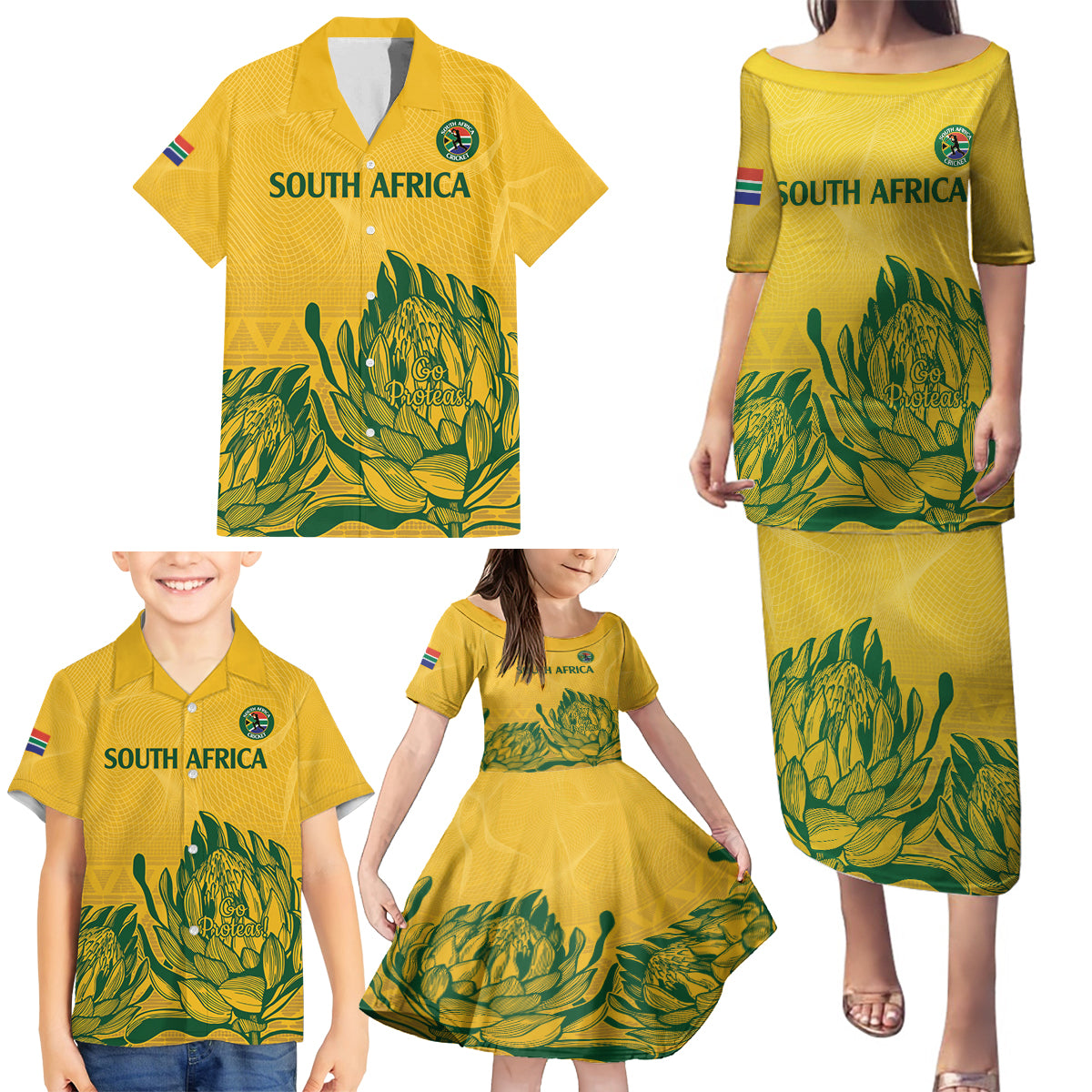 Custom South Africa Cricket Family Matching Puletasi and Hawaiian Shirt 2024 African Pattern Go Proteas