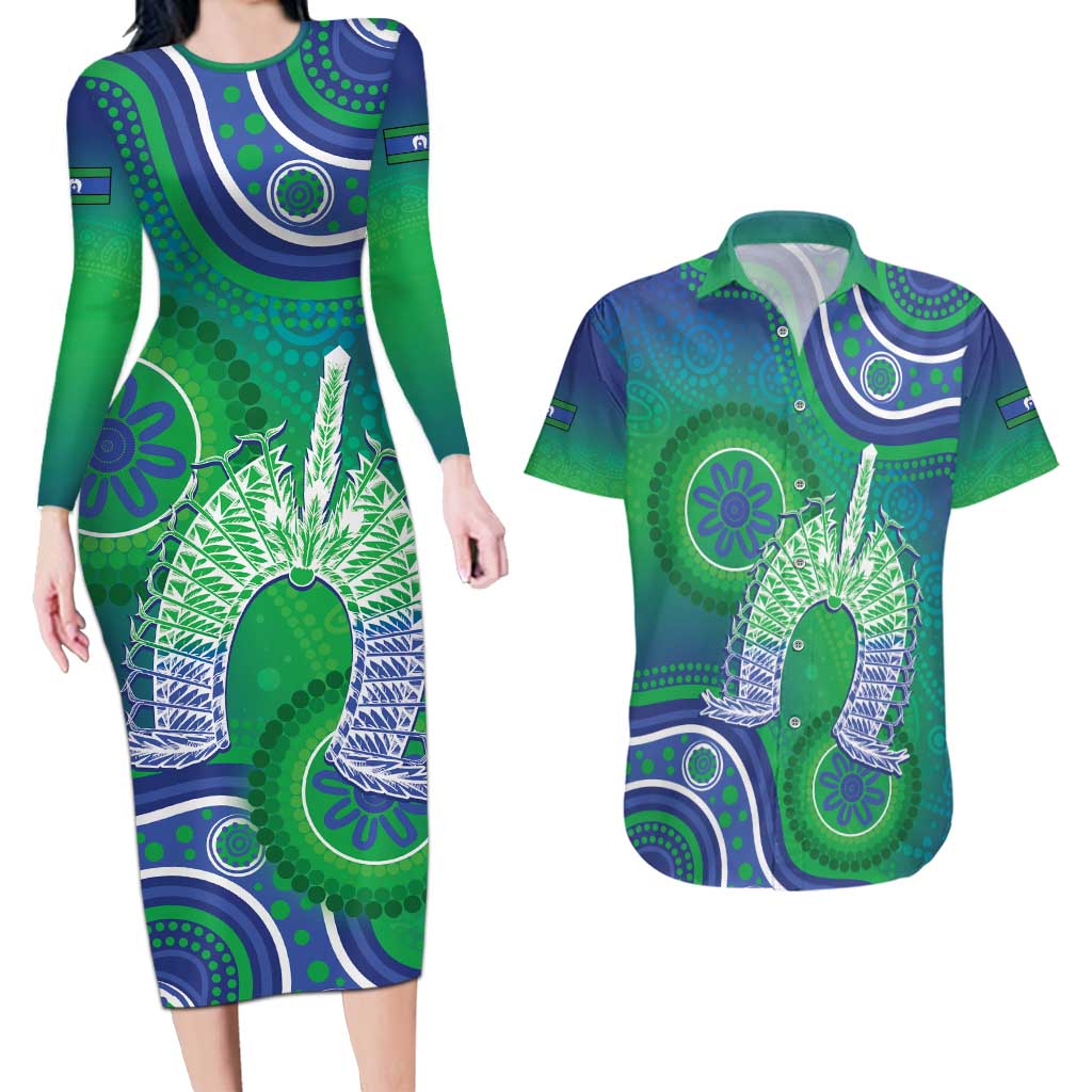 Australia Torres Strait Islanders Couples Matching Long Sleeve Bodycon Dress and Hawaiian Shirt Dhari Aboriginal Pattern