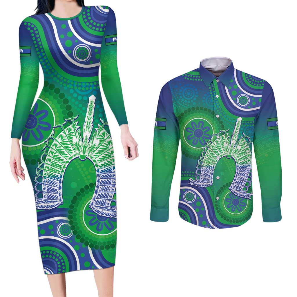 Australia Torres Strait Islanders Couples Matching Long Sleeve Bodycon Dress and Long Sleeve Button Shirt Dhari Aboriginal Pattern