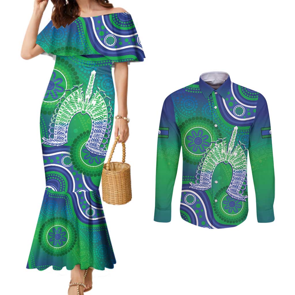 Australia Torres Strait Islanders Couples Matching Mermaid Dress and Long Sleeve Button Shirt Dhari Aboriginal Pattern